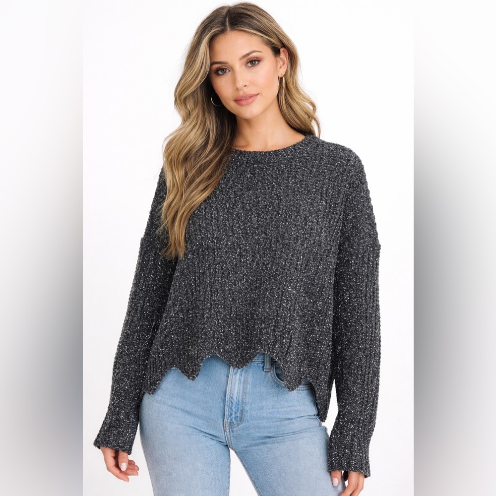 NWT P. Cill sparkly gunmetal grey silver scalloped sweater -M